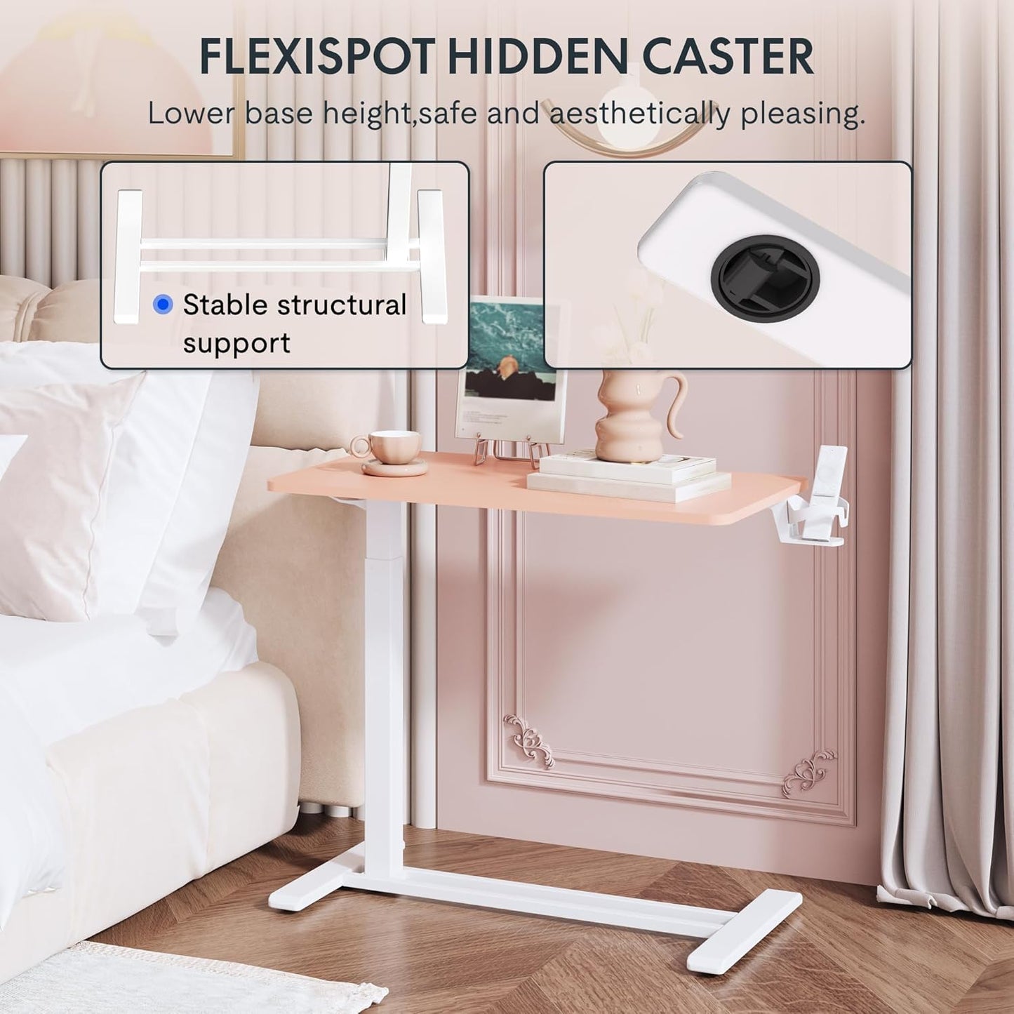 FLEXISPOT H7 Adjustable Overbed Bedside Table with Wheels Pneumatic Mobile Standing Desk Laptop Desk Rolling Computer Cart Movable Overbed Table Hospital Home Use(27.6" W x 15.7" D, Pink)