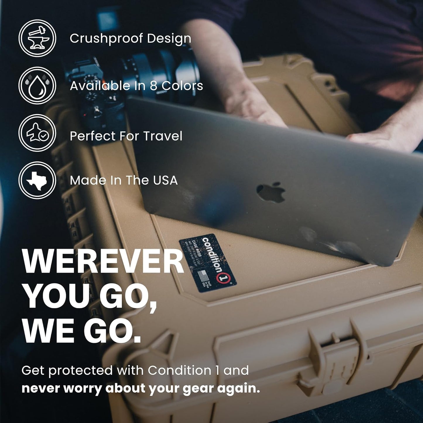 Condition 1 25" Large Waterproof Hard Case Model 839 with Foam, Portable Protective Storage Box for Travel, Hunting, Military, Tactical, Made in USA, 24.50"x 19.46"x8.41" Tan