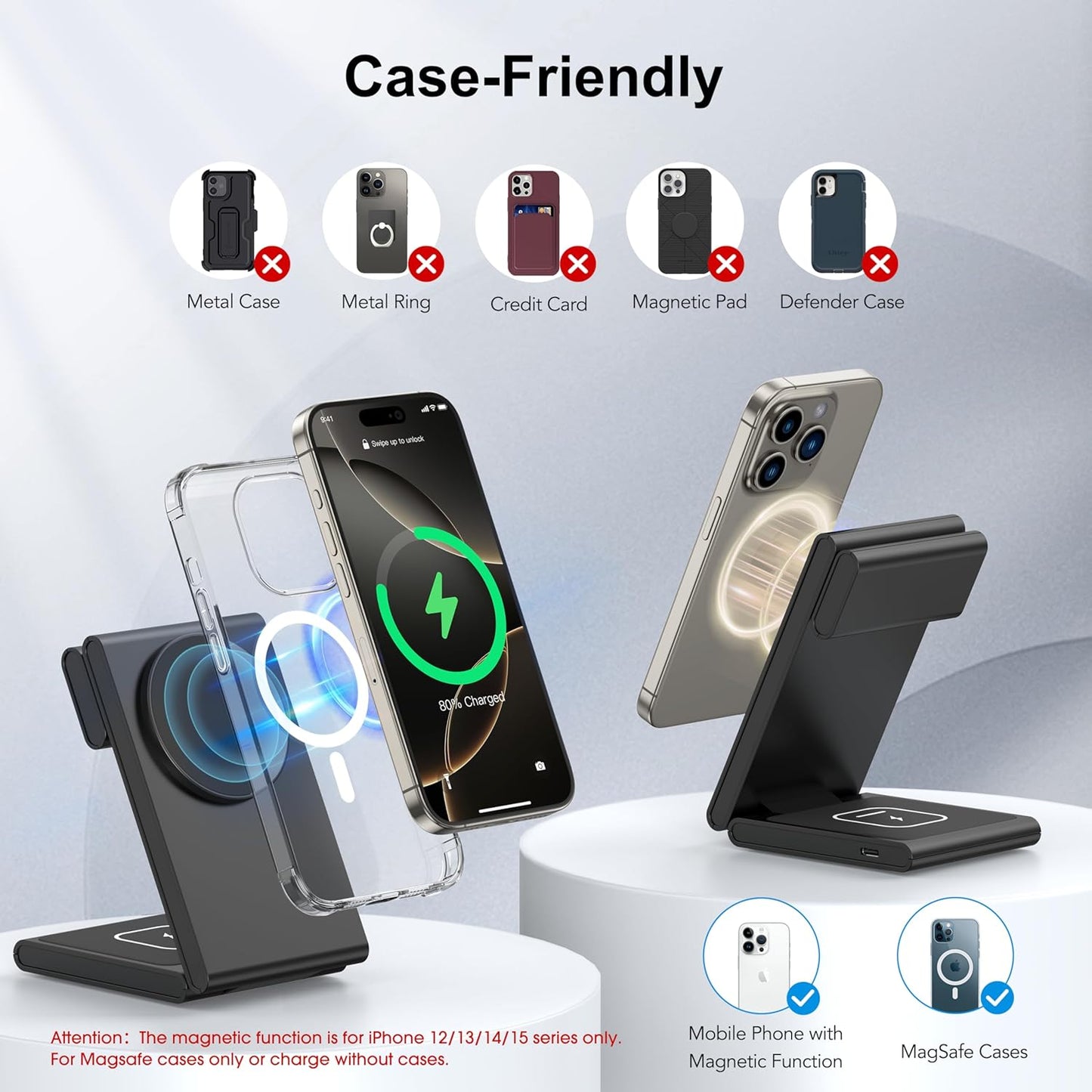 3-in-1 Wireless Charging Station, Standard 20W Fast Magnetic Foldable Magsafe Charger Stand for iPhone 16 15 14 13 12 Series, Travel Charger for iWatch 10/Ultra 2/AirPods 4 Series(Adapter Included)