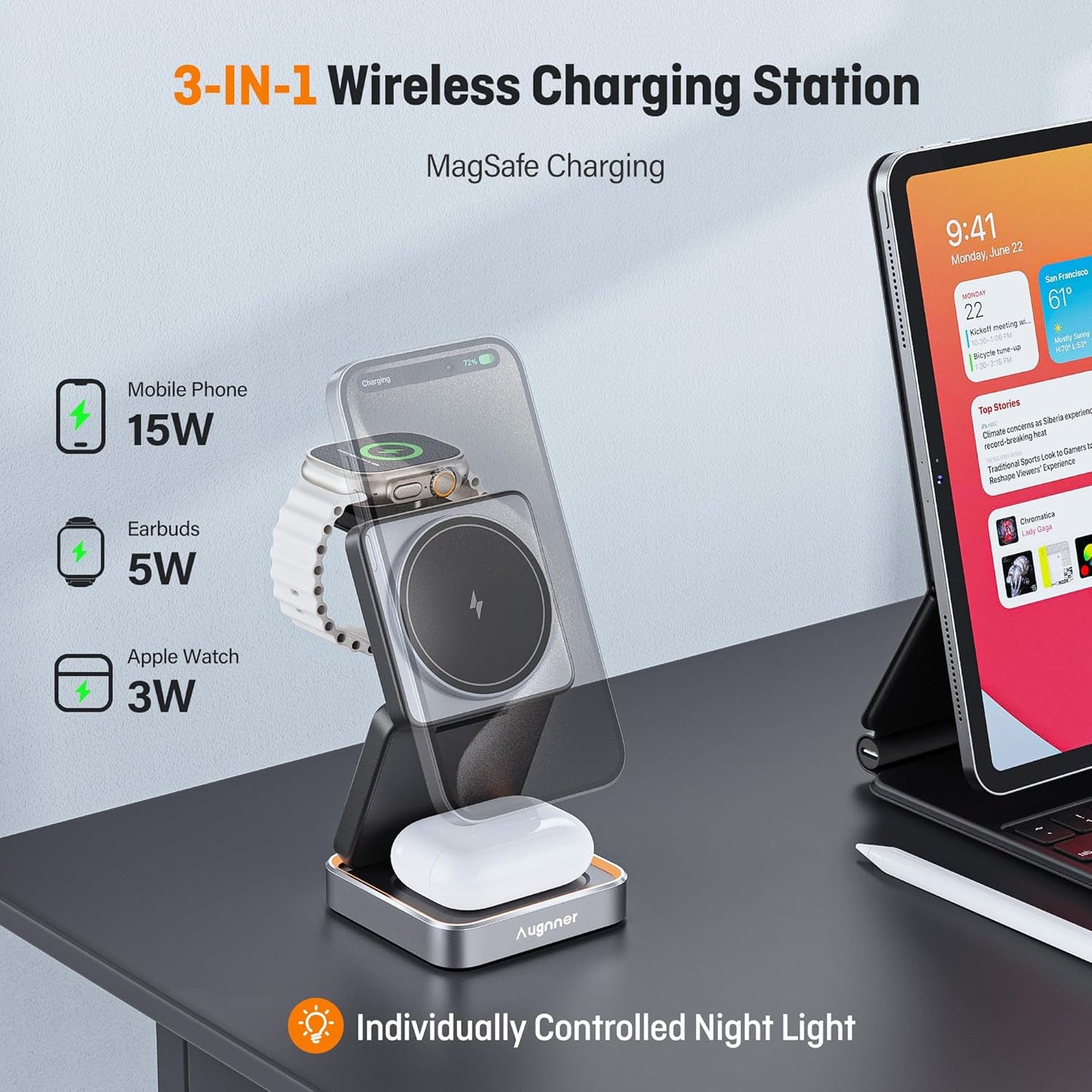 【2025 Upgraded】Wireless Charger 3 in 1, Foldable Wireless Charging Station with Night Light for Apple MagSafe Charger, Travel Magnetic Charger Stand, Nightstand Fast 15W Charging Station (20W Adapter)