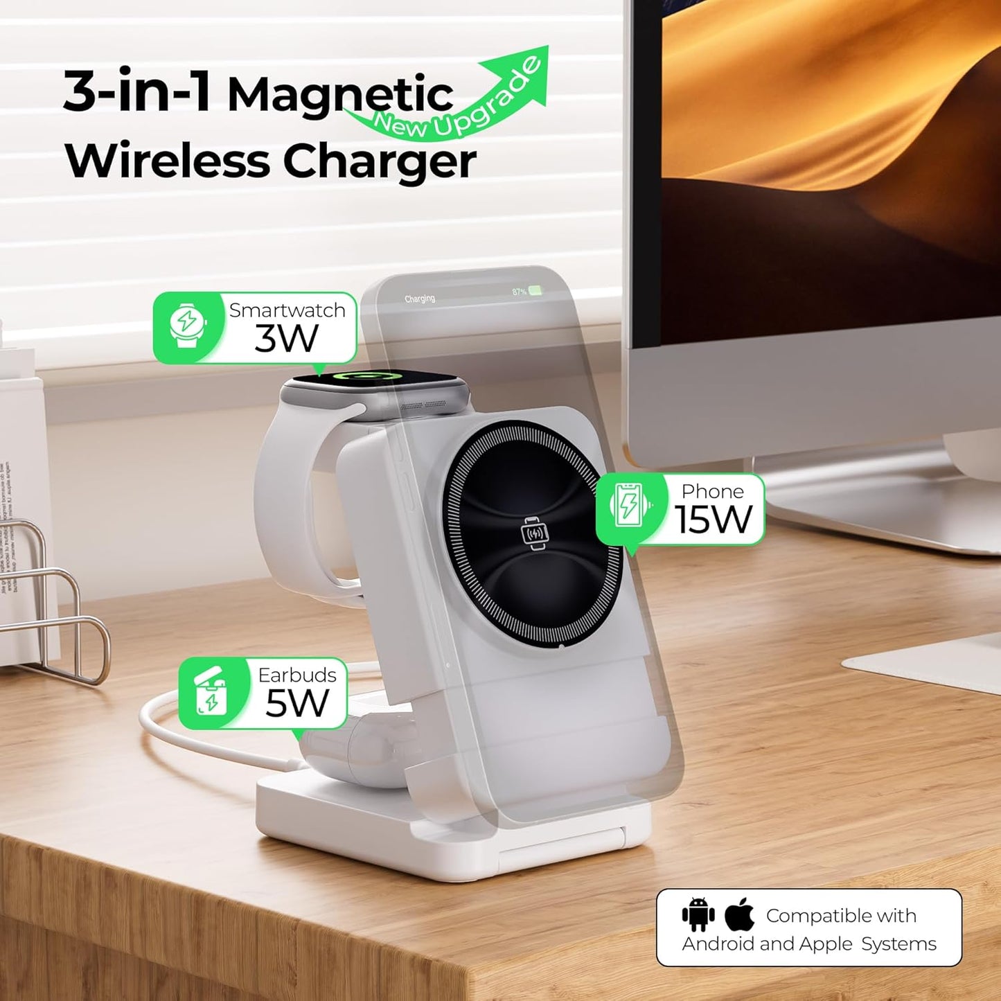 【2025 Upgraded】 Wireless Charger 3 in 1, Foldable Wireless Charging Station, Travel Magnetic Charger Stand, Nightstand 15W Charging Station for iPhone 16 Samsung S25 Samsung Watch TWS Earphone iWatch