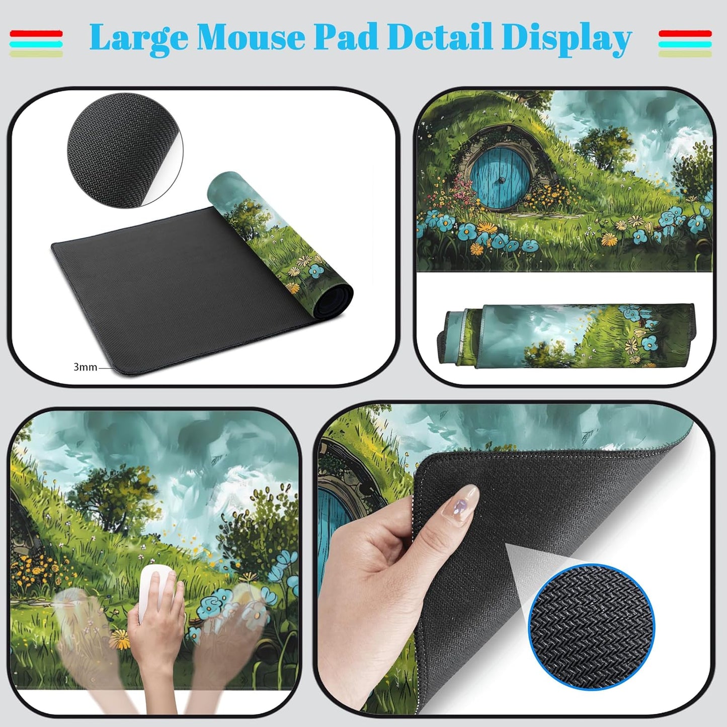 Cute Landscape Cartoons Desk Mat Aesthetic Gaming Mouse Pad XXL Large Extended Green Sage Desk Pad, Laptop Keyboard and Mouse Mat, Computer Desktop Mat Playmat, Women Desk Decor Pad 31.5x15.7 in