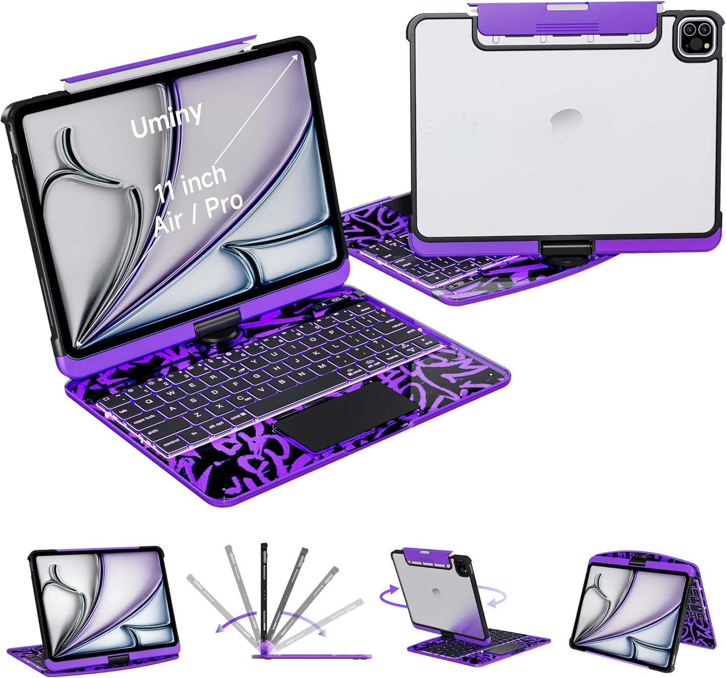 Keyboard Case for iPad 11 inch Pro 4/3/2/1st Gen & 11’’ iPad Air 2025 M3, 2024 M2 & 10.9" iPad Air 5th/4th Gen, 360° Rotating Stand Transparent Protective Cover with Pencil Holder (Purple)
