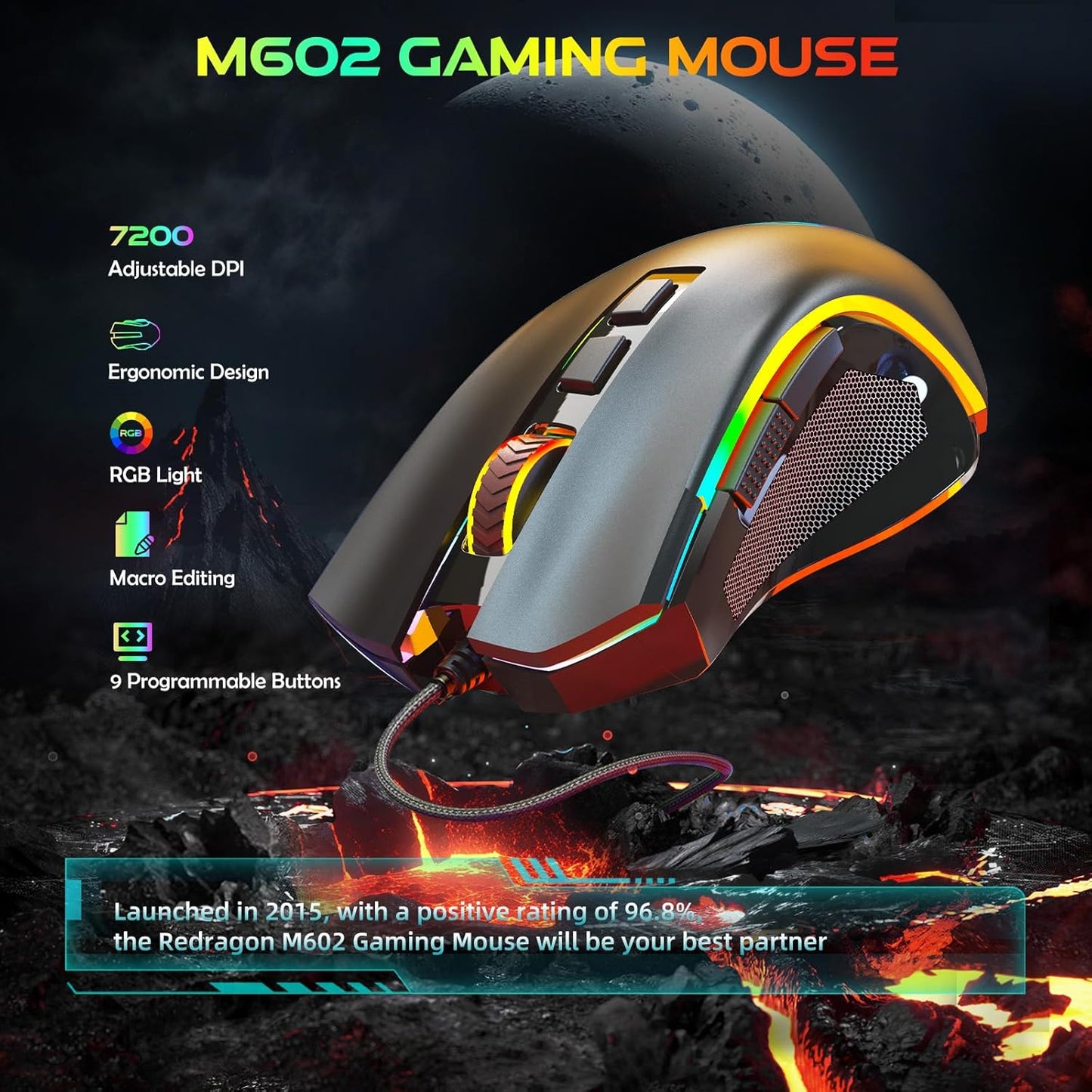 Redragon M602 Gaming Mouse, Ergonomic RGB Gaming Mouse Wired with 7200 Adjustable DPI, 9 Programmable Buttons, Professional Software for Gamer Office [Black]
