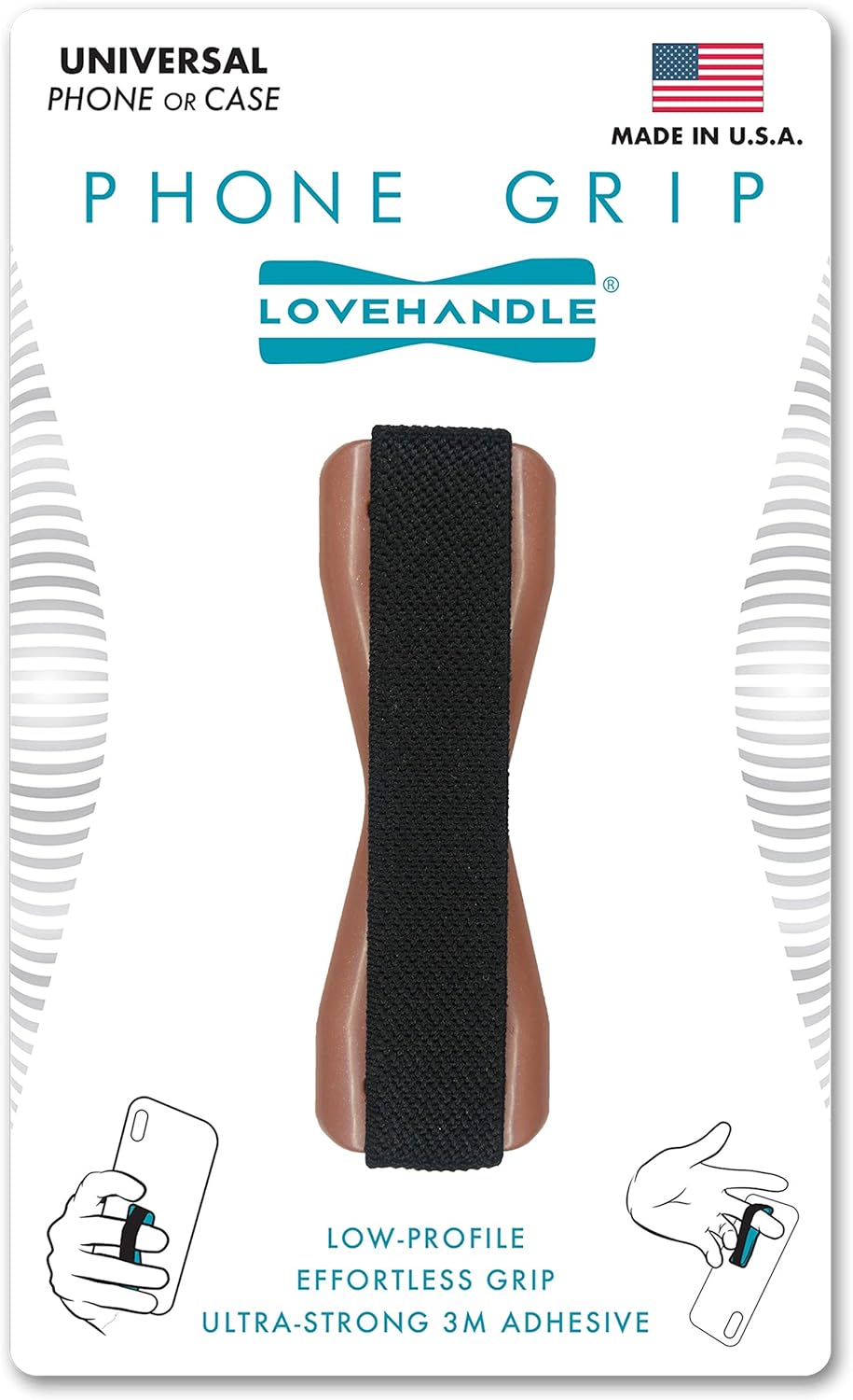 LOVEHANDLE Universal Phone Grip for Smartphones & Mini Tablets - Phone Holder for Hand - Wireless Charging Compatible - Made in The USA - Black Elastic Strap with Mauve Rose Base