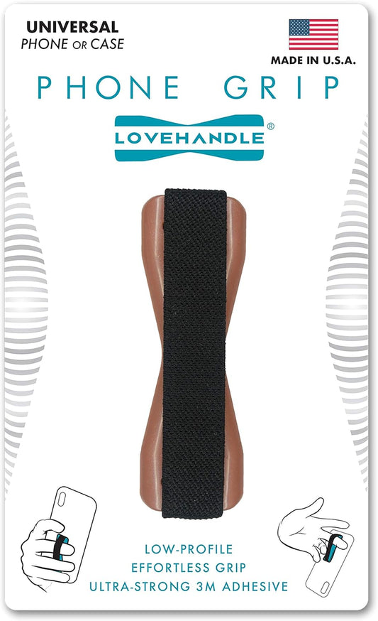 LOVEHANDLE Universal Phone Grip for Smartphones & Mini Tablets - Phone Holder for Hand - Wireless Charging Compatible - Made in The USA - Black Elastic Strap with Mauve Rose Base