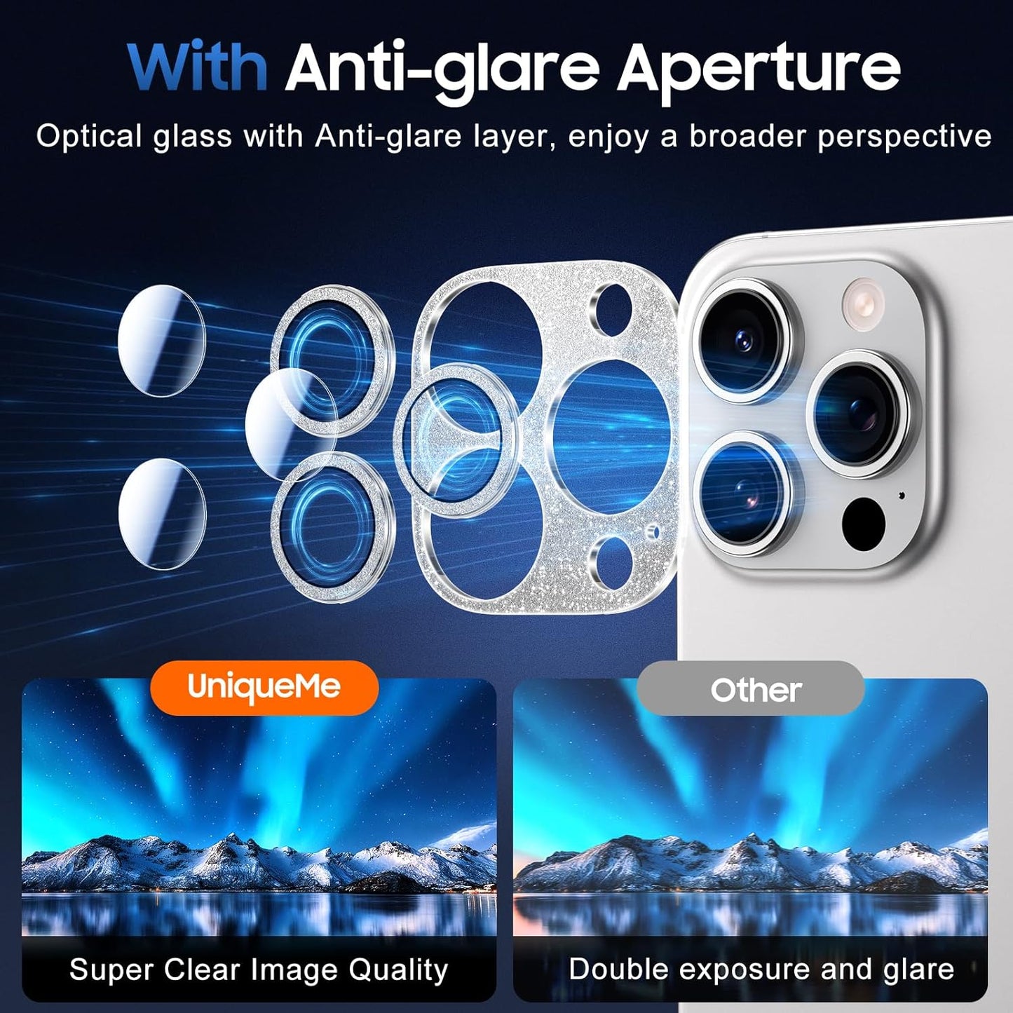 UniqueMe for 3 Pack iPhone 16 Pro/iPhone 16 Pro Max Camera Lens Protector - [Drop Protection] [Case Friendly] 9H Tempered Glass Camera Cover Screen [Update New Version] - Glitter Silver