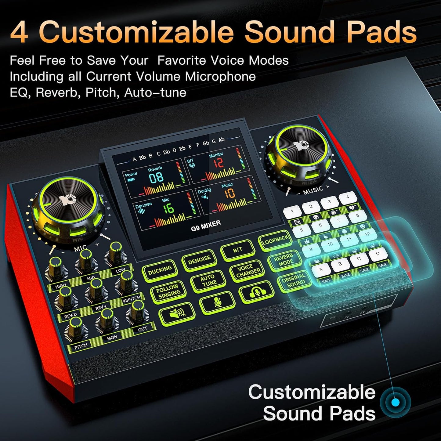 Audio mixer, suitable for live streaming, singing, and gaming on computer/phone; soundboard for 3.5mm condenser microphone; podcast mixer with live sound card, noise reduction, and one-touch mute