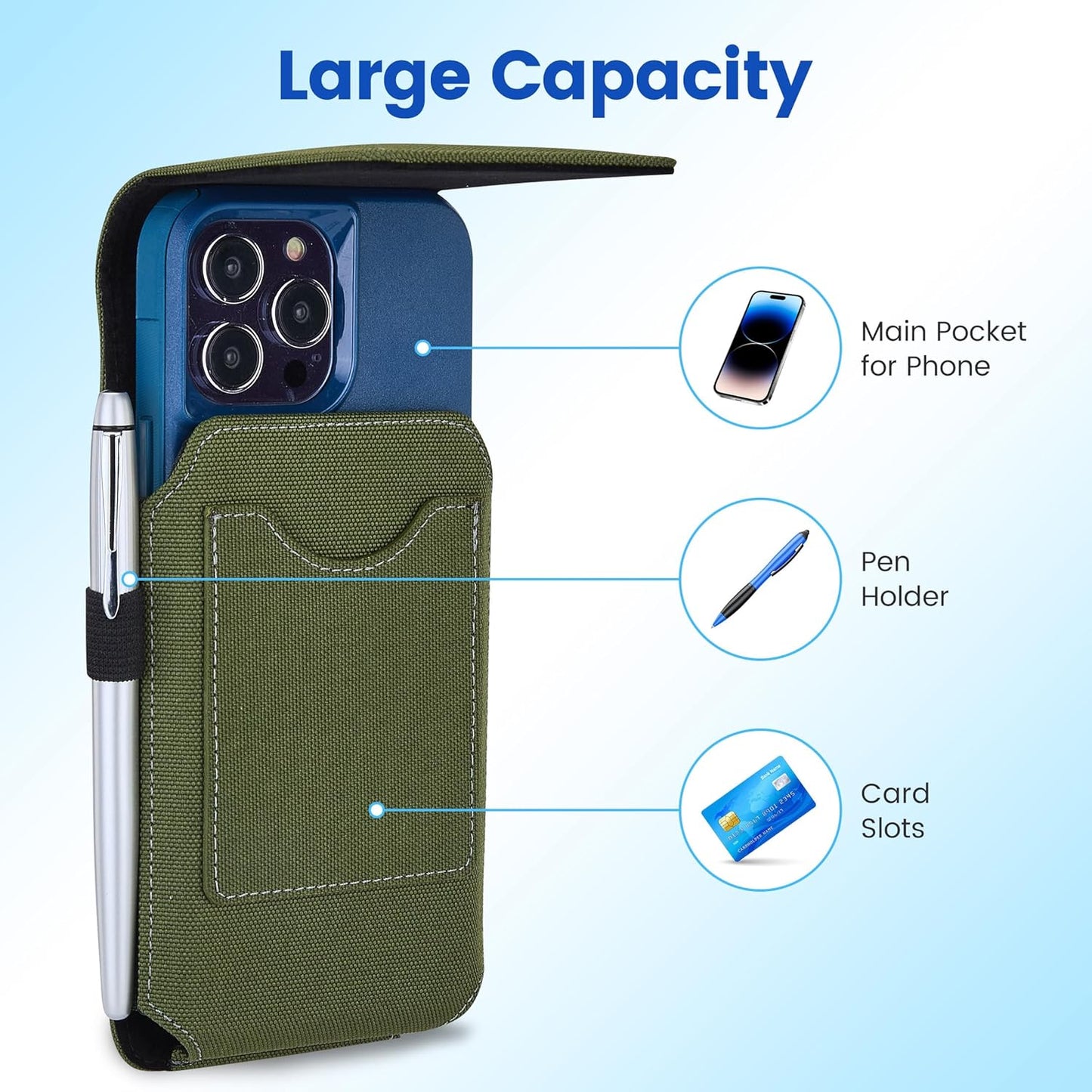 BECPLT for iPhone 17 Pro 17 16/15/14/13/12/11 Pro Belt Case Nylon Phone Holster with Belt Clip and Belt Loops Cell Phone Holder Carrying Pouch for Galaxy S25 S24 S23 S22 S21 S20 - Green