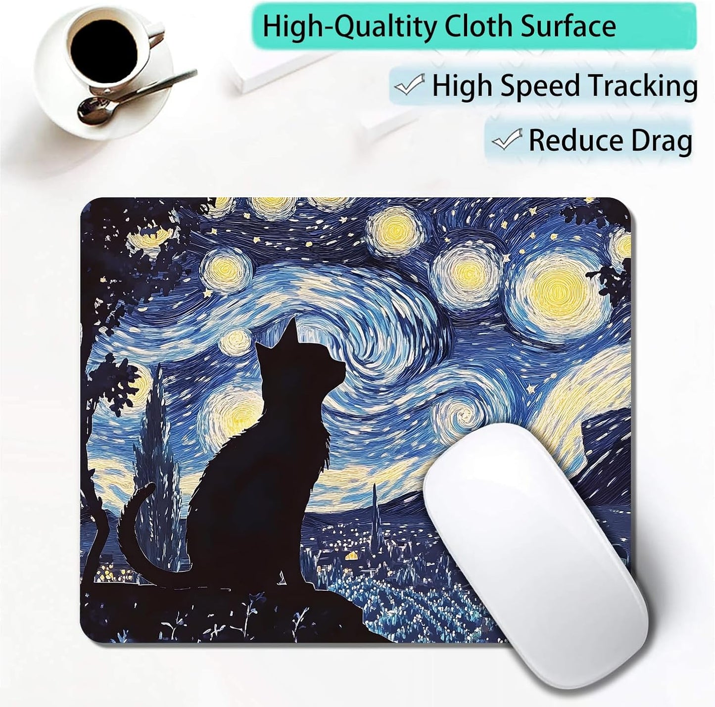 Starry Night Black Cat Custom Mouse Pad with Non-Slip Rubber, Small Square Design for Wireless Laptop & Computer Mouse Pads for Desk, 9.5 x 7.9 inch Smooth Surface for Gaming & Office