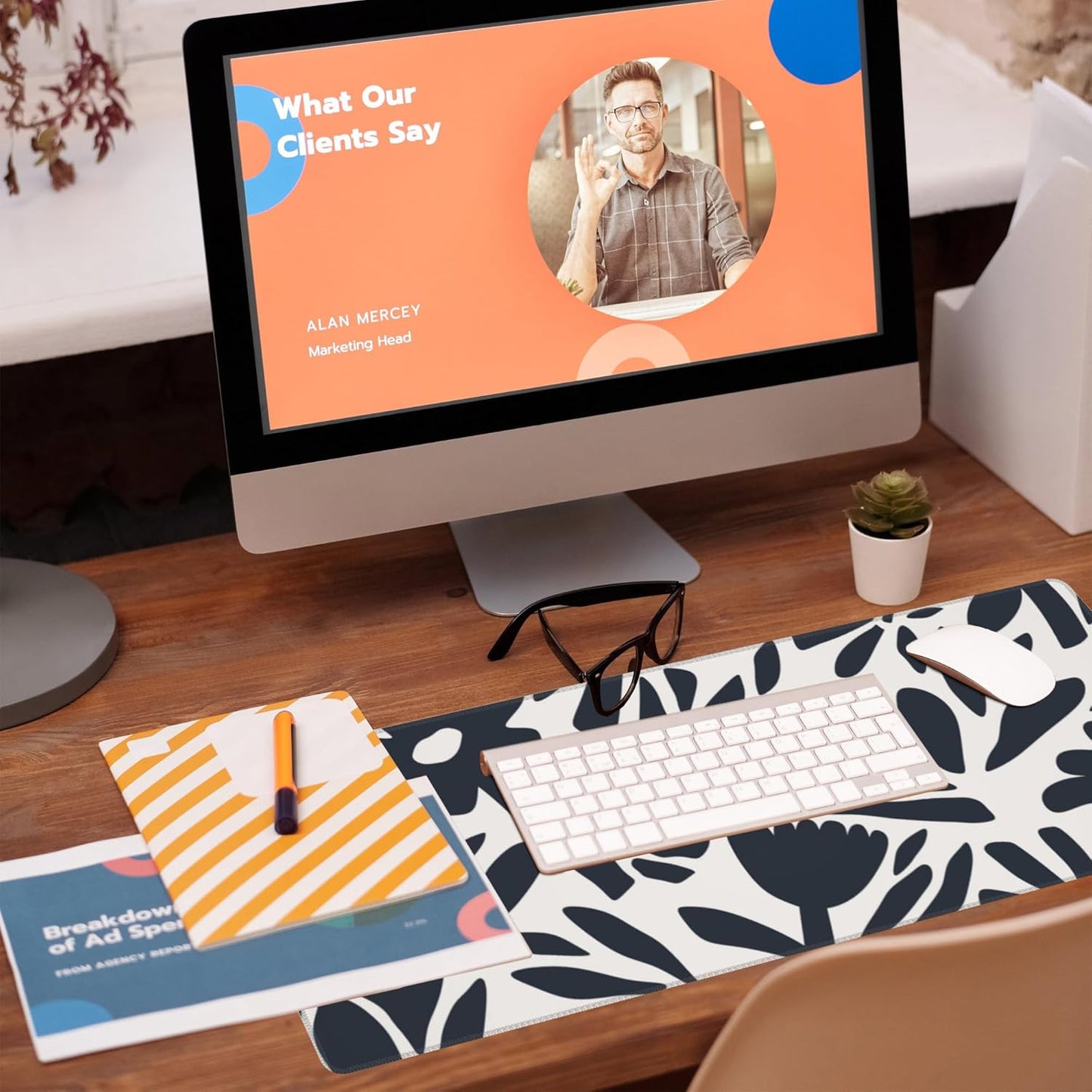 Desk Pad, Hand Drawn Leaves and Flowers Desk Mat, Abstract Plant Large Gaming Mouse Pad with Non-Slip Base and Stitched Edge, 31.5"x11.8"