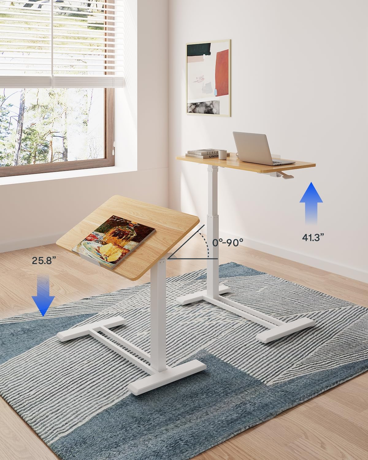 FLEXISPOT H7 PRO Mobile Standing Desk Adjustable Overbed Table Pneumatic with Wheels 90°Tiltable Portable Laptop Desk Rolling Computer Cart Foldable Bedside Table(31.5" W x 17.7" D D, Maple)