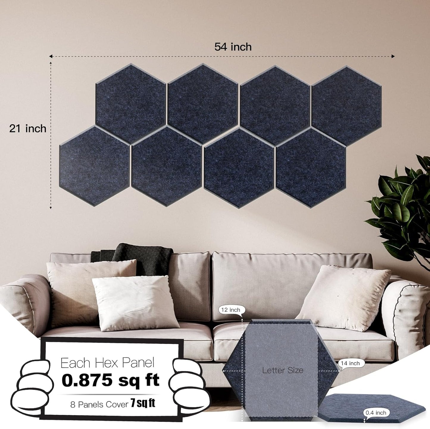 Mollywell Hexagon Acoustic Panels, High Density, Soundproofing, Decorative Noise Reduction Felt Wall Tiles for Ceilings, Home Office & Gaming Room (Ink Blue), 14x12x0.4 Inch