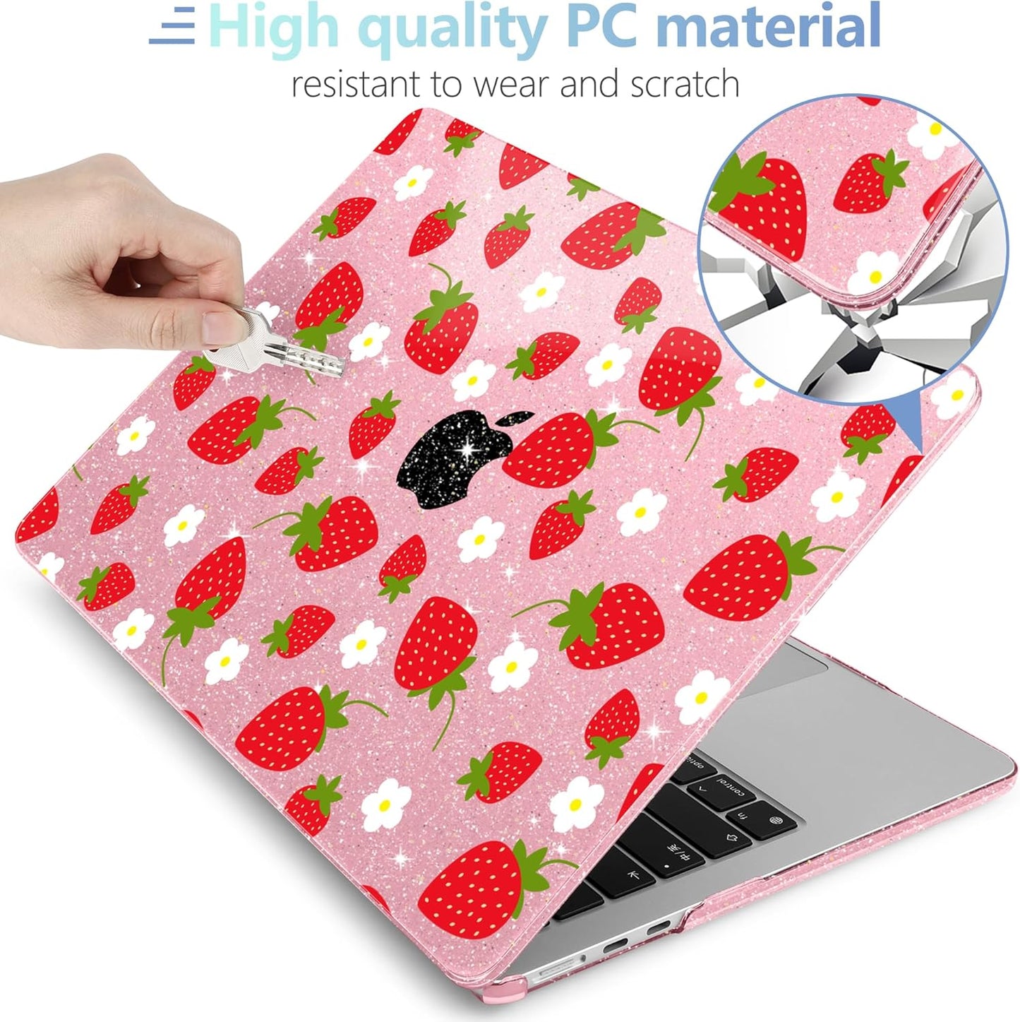 MEEgoodo Case for MacBook Air M4/M3/M2 13.6 inch 2025 2024 2022, Fit Model A3240 A3113 A2681, Compatible with MacBook Air 13 inch, Laptop Hard Shell Case with Keyboard Cover, Strawberries & Flowers