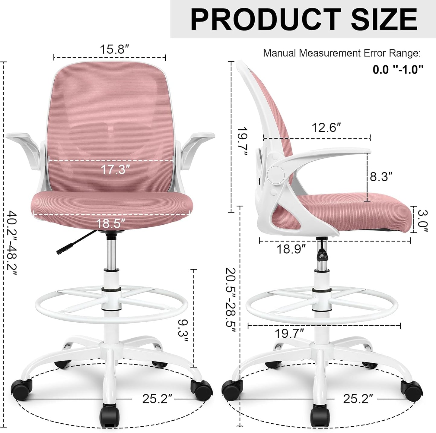 Primy Drafting Chair Tall Office Chair with Flip-up Armrests Executive Ergonomic Computer Standing Desk Chair with Lumbar Support and Adjustable Footrest Ring (Rose Quartz)
