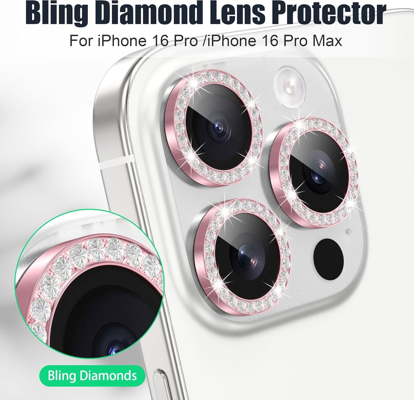 AGVEE 3+3 6 Pack for iPhone 16 Pro 6.3" / 16 Pro Max 6.9" Camera Lens Cover Protector, Bling Diamond & Bling Glitter Metal Ring 9H Tempered HD Glass Camera Cover Protector Film, Bling-Pink