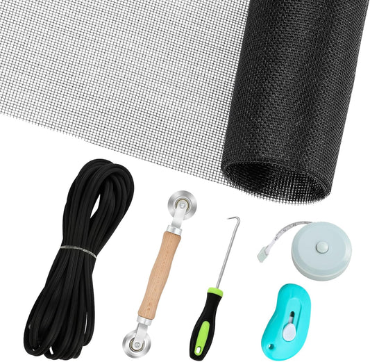 Windows Screen Replacement and Screen Door Repair Kit, 6Pcs Window Screen Fiberglass Mesh Kit - Window Screen & Screen Door Mesh & Screen Porch Repair Kit (Black, 59" x 106")
