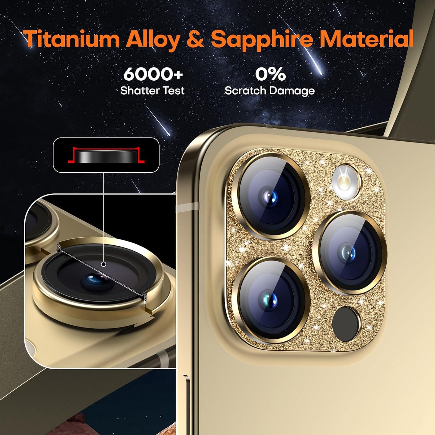 Camera Lens Protector for iPhone 16 Pro Max/16 Pro/15 Pro Max/15 Pro/14 Pro Max/14 Pro, Aluminum Alloy Sapphire Glass Camera Screen Cover, Case Friendly- Glitter Gold