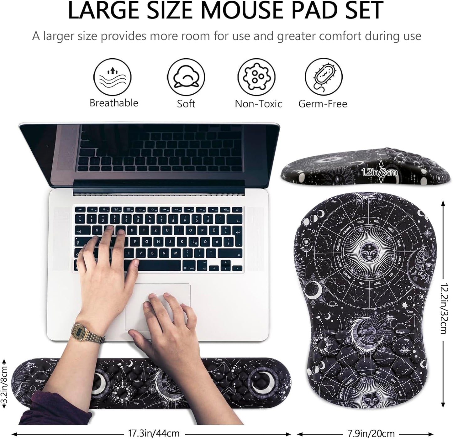 Mouse Pad Wrist Support, 2 in1 Keyboard Wrist Rest+ Ergonomic Mouse Pad, Non-Slip Wrist Rest for Computer Keyboard, Made Easy Typing & Relieve Wrist Pain(Sun Moon)