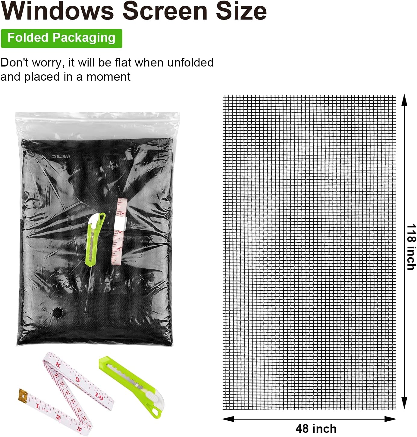 Ouskr Replacement Window Screens Kit, 48X118 Inch Durable Window Screen Mesh for Patio Porch Door Windows, DIY Adjustable Fiberglass Screen Repair Kit with Rolling Tool Hook Ruler Cutter Spline