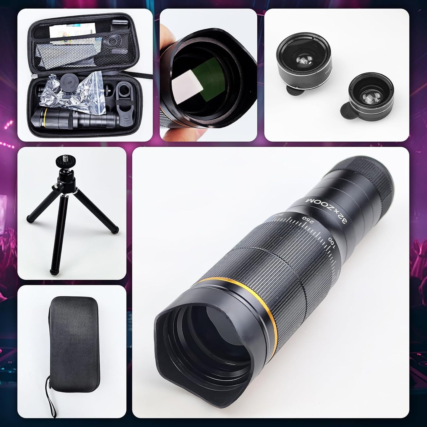Phone Camera Lens Kit, 32X Long Focus Telephoto, Portable Clip-on HD Phone Zoom Telescope Lens, 0.63X Wide Angle Lens, 198° Fisheye Lens, with Universal Clip and Tripod, for Photo Videos