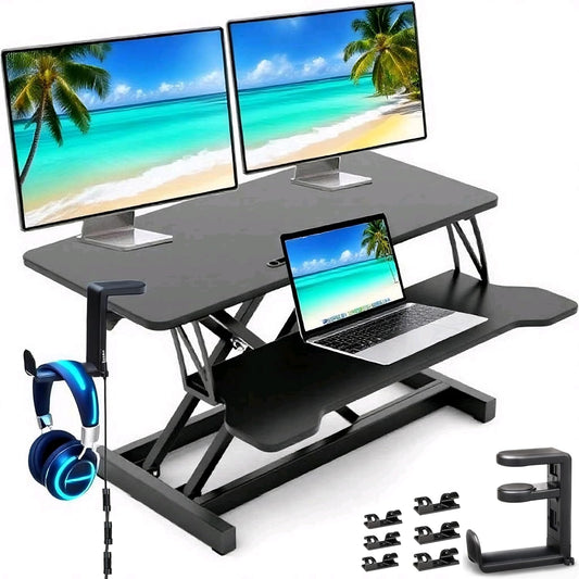 Standing Desk Converter - 32 Inch Wide Adjustable Sit to Stand Up Workstation, Dual Monitor and Laptop Riser with Wide Keyboard Tray, Headphone Stand,Cable Clips,for Home Office, Black