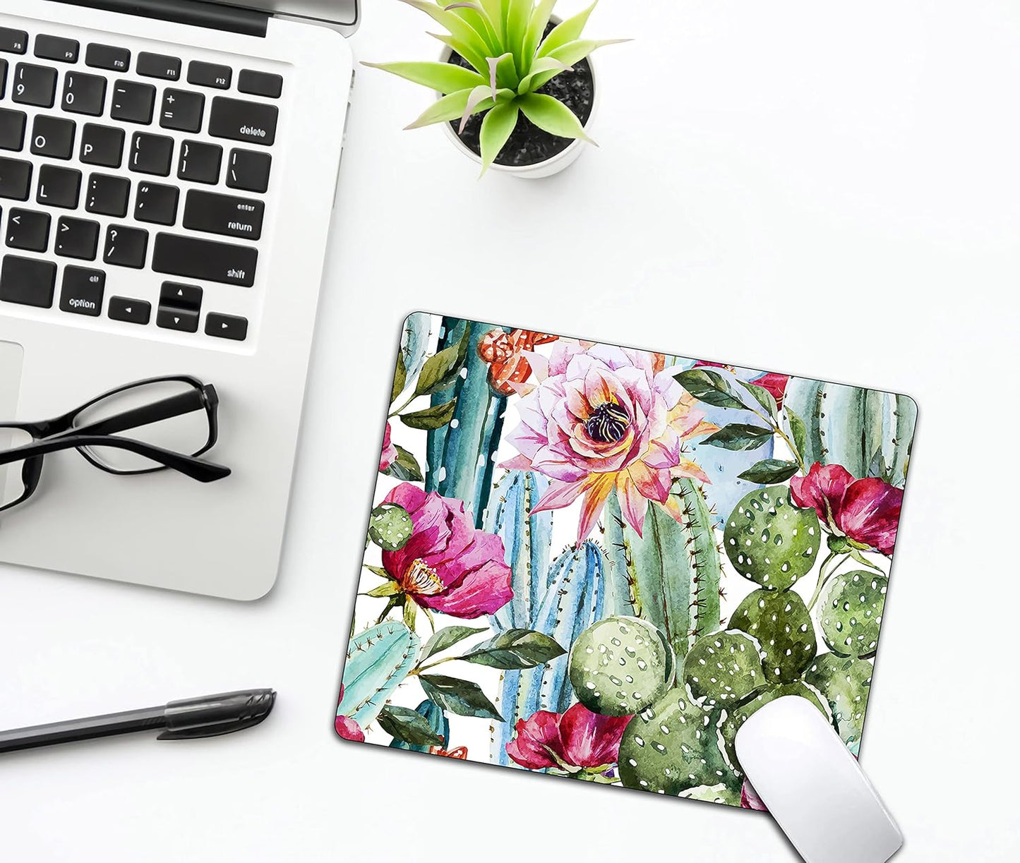 Cactus Painting Mouse Pad, Natural Floral Mousepad for Design, Anti-Slip Rubber Base Wireless Mouse Pads for Laptop
