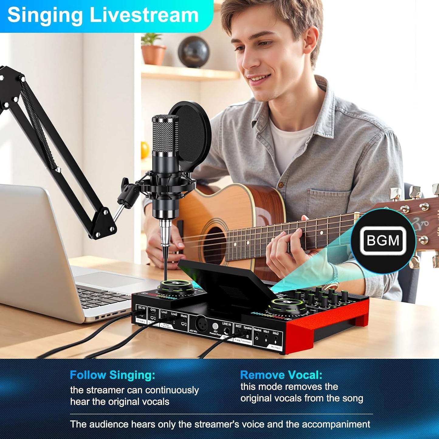 Podcast Equipment Bundle with 3.5mm Condenser Microphone for Pc/Phone Live Streaming Singing Gaming, Podcast Microphone Bundle with Live Sound Board Audio Mixer,Voice Changer, Denoise,DJ Sets