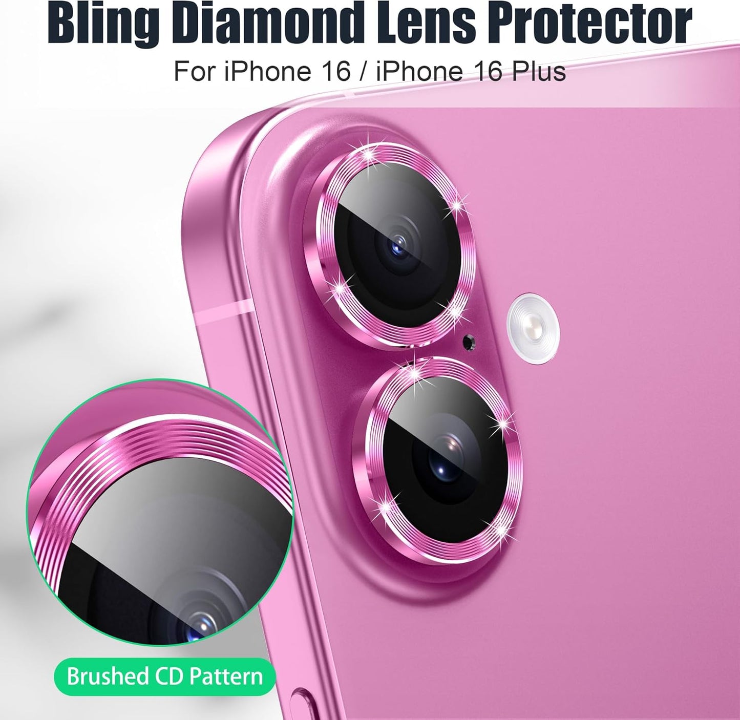 AGVEE 3+3 6 Pack for iPhone 16 6.1" / 16 Plus 6.7" Camera Lens Cover Protector, Bling Glitter & CD-Textured Metal Ring 9H Tempered HD Glass Camera Cover Protector Film, Glitter-Rose