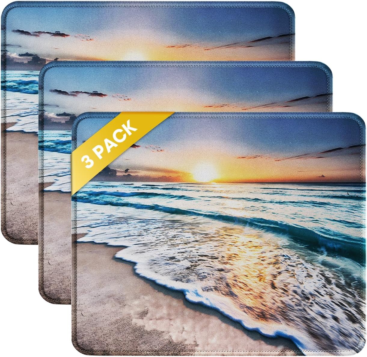JIKIOU 3 Pack Mouse Pad with Stitched Edge, Comfortable Mouse Pads with Non-Slip Rubber Base, Washable Mousepads Bulk with Lycra Cloth, Mouse Pads for Computers Laptop Mouse 10.2x8.3x0.12in Beach