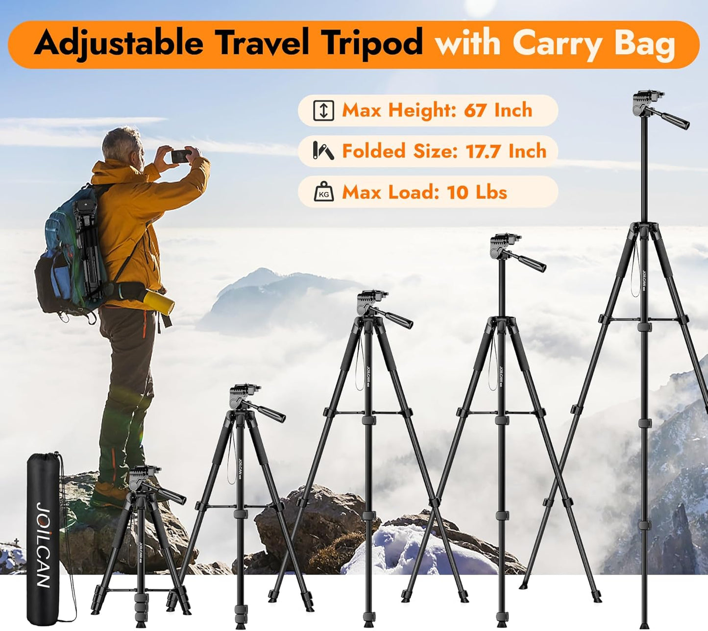 JOILCAN Phone Tripod Stand - 67" Aluminum Extendable Tripod with Remote, Portable Tripods for iPhone Photos Selfie & Video, Compatible with iPhone DSLR Camera Projector