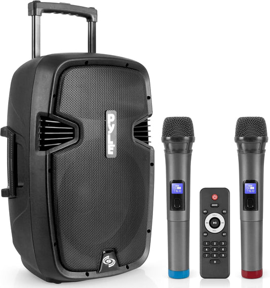 Pyle Wireless Portable PA Speaker, 1000W Bluetooth Loudspeaker, 12” Subwoofer, Dual High-Powered PA System, 2-Way Full Range Audio, Includes Wireless Mic, USB/SD Input, for Outdoor and Event Use