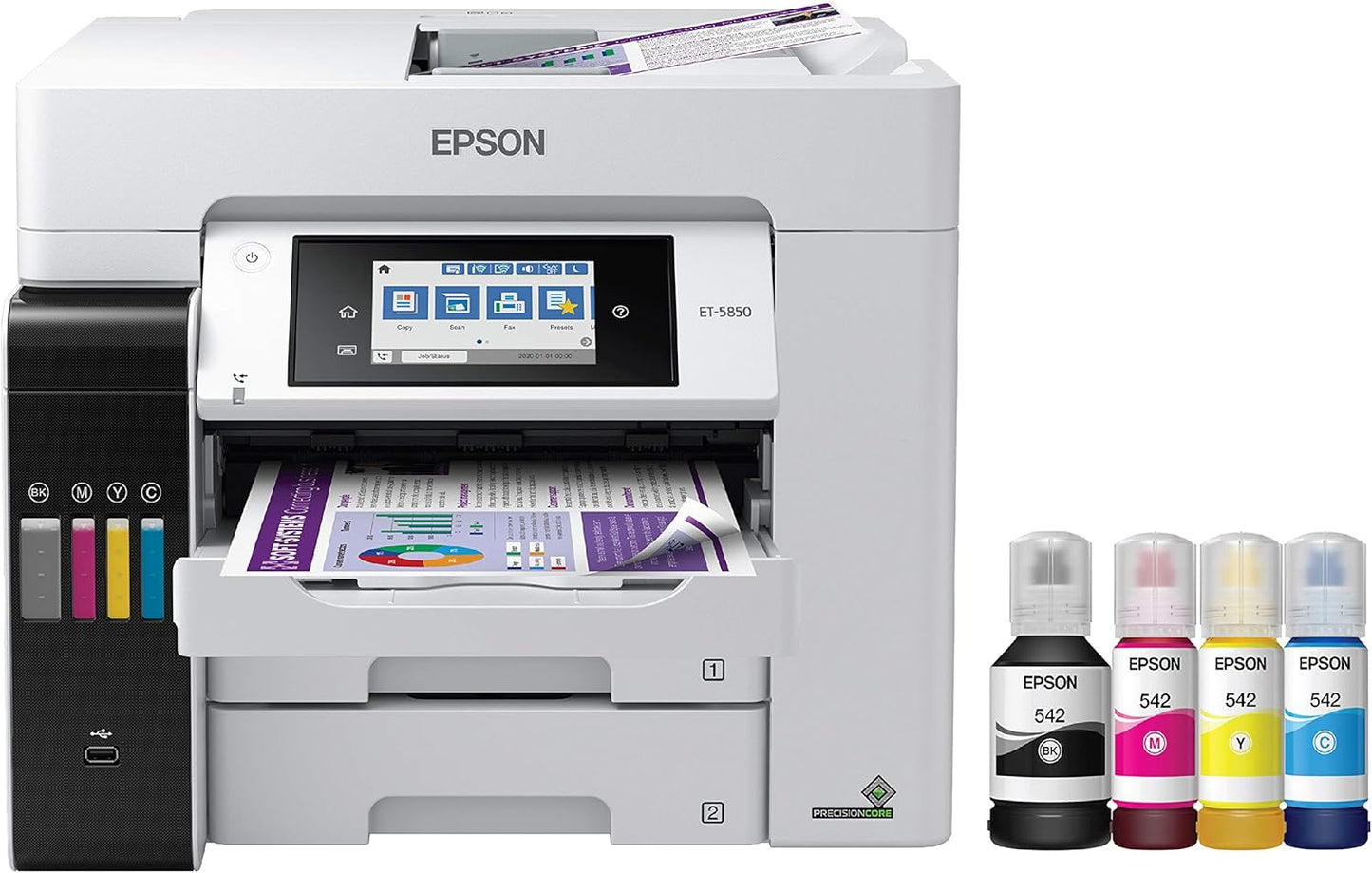 Epson EcoTank Pro ET-5850 Wireless Color All-in-One Supertank Printer with Scanner, Copier, Fax and Ethernet, White & EPSON T542 EcoTank Ink & EPSON T542 EcoTank Ink Ultra-high Capacity Bottle Black