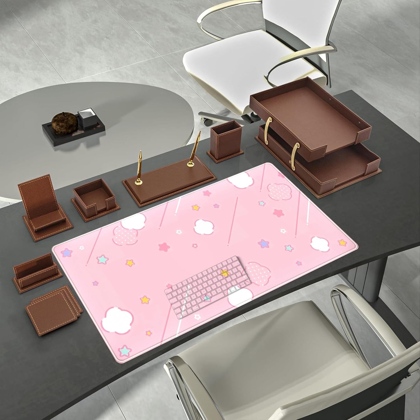 Pink Mouse Pad Large Desk Mat Gaming, Kawaii Desk Pads Stars Mouse Mat XXL Cute Keyboard Pad, Laptop Computer Mat with Non-Slip Base & Stitched Edges, Office Decor for Women 31.5" x 15.7"