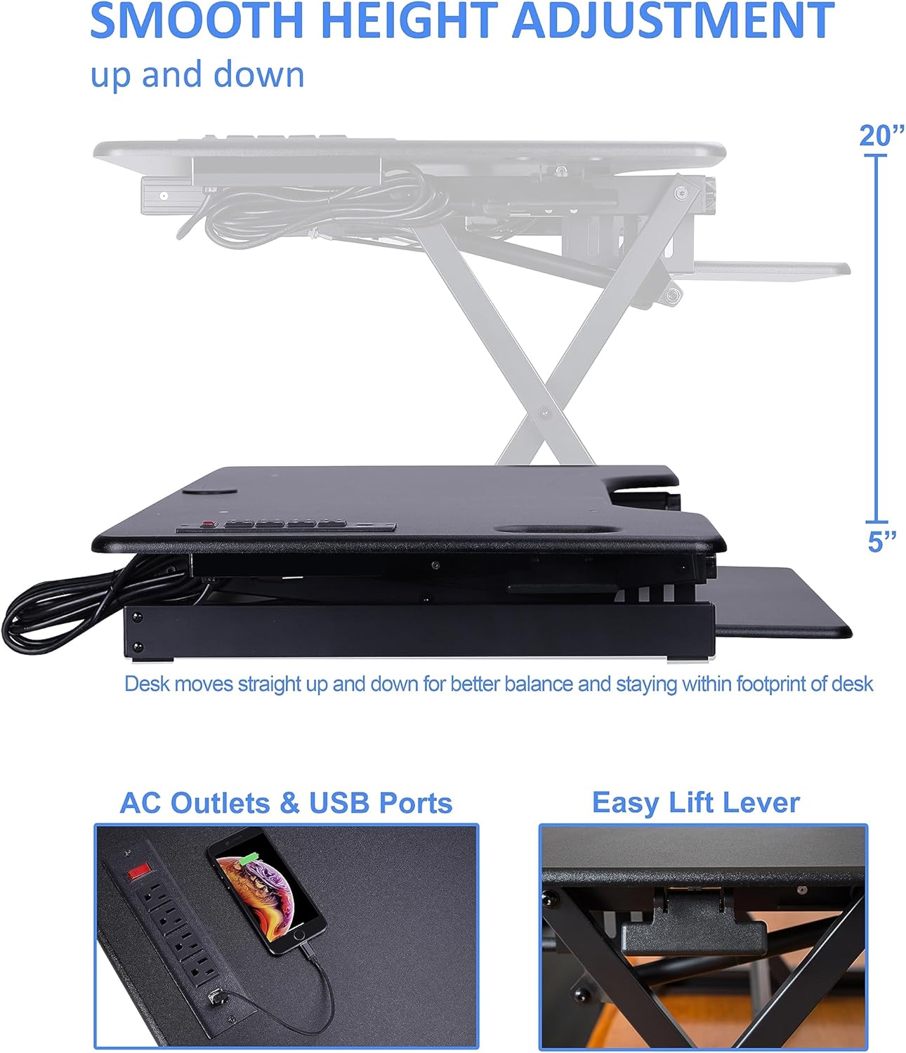 Rocelco 46" Height Adjustable Standing Desk Converter - Desktop AC USB Charger - Sit Stand Up Triple Monitor Riser - Tall Computer Workstation - Retractable Keyboard Tray - Black (R DADRB-46-ACUSB)