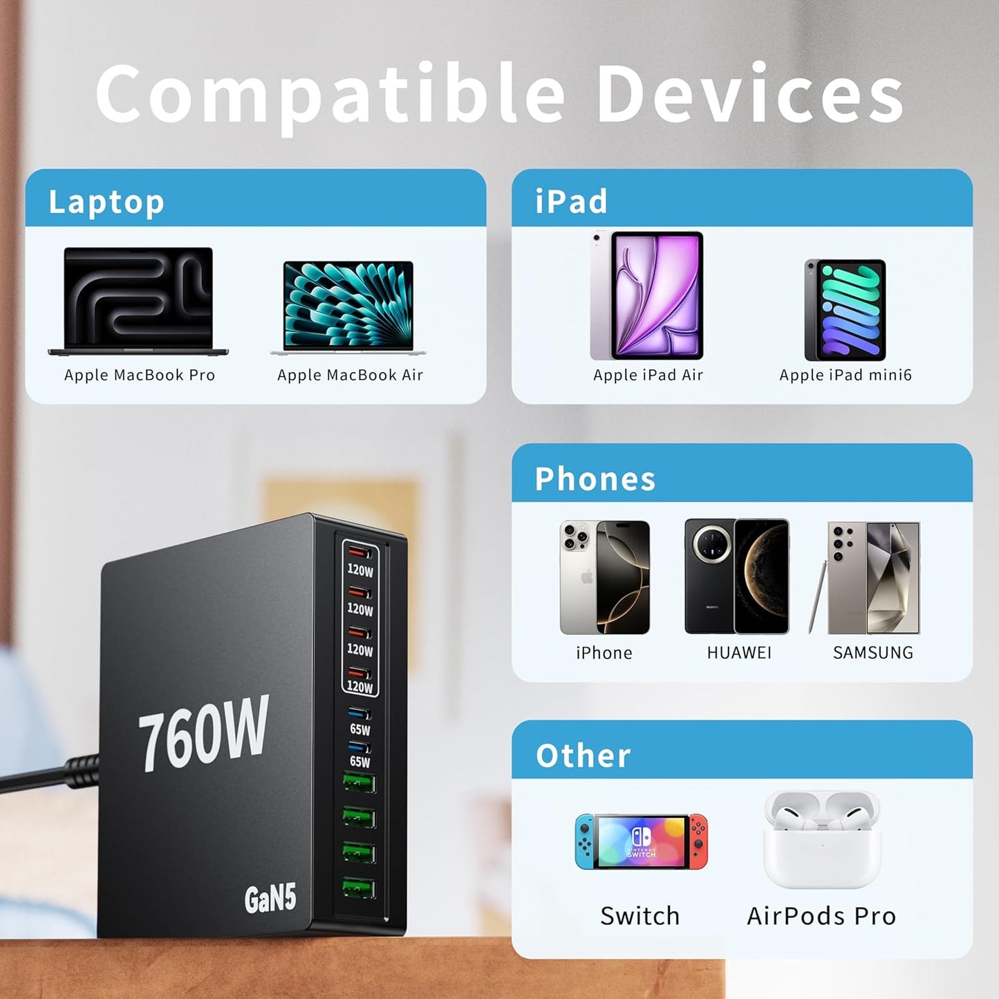 760W USB C Charger Block,10 Port Fast Charging Station Hub Brick PD 100W Gan Charger for DELL HP MacBook Pro/Air/All iPad iPhone 17/16 15/14/13/Pro Max/Samsung Galaxy Note