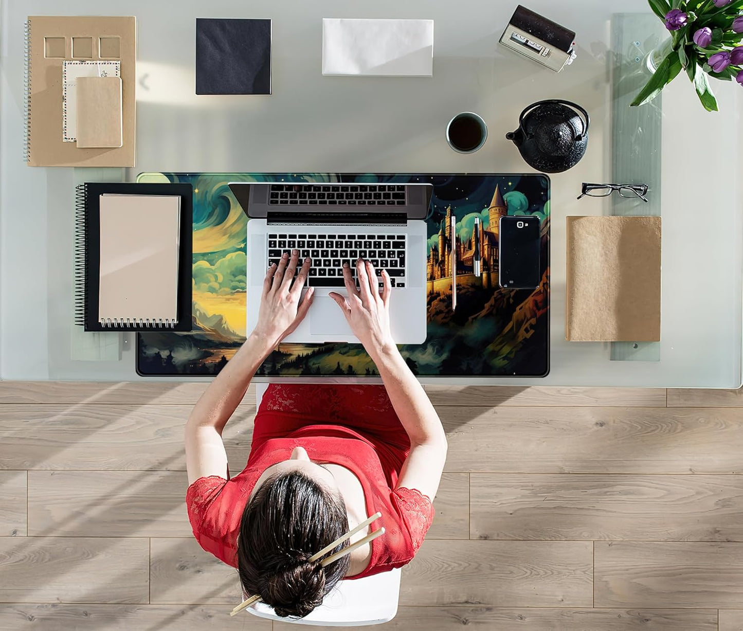 Cool Aesthetic Castle Mouse Pad Desk Pad Cute Cloudy and Starry Desk Mat, Office Desk Decor Anime Mousepad Laptop Keyboard and Mouse Mat, XXL Large Extended Gaming Deskmat for Girl 31.5x15.75 in