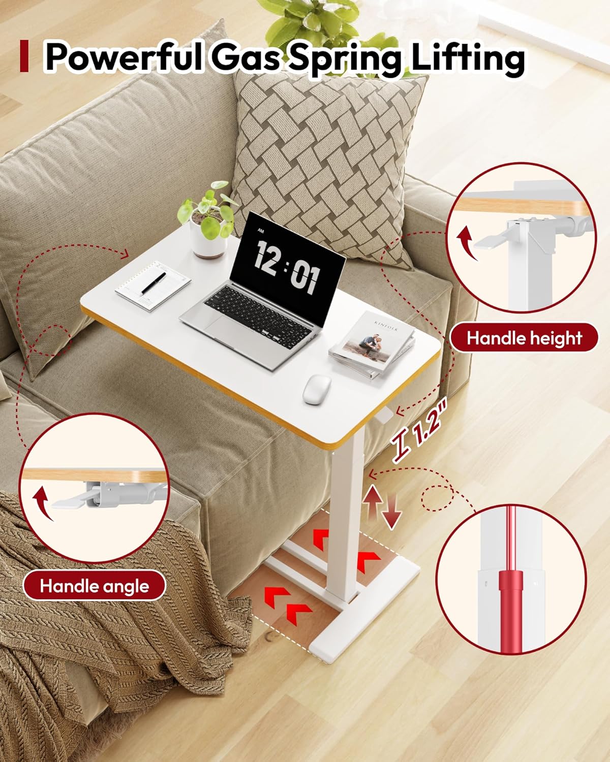 SANODESK Medical Adjustable Overbed Bedside Table with Casters 90° Tilt Top Pneumatic Mobile Rolling Laptop Computer Standing Desk Cart with Tray, Hospital and Home Use(31.5" W x 17.7" D, White)