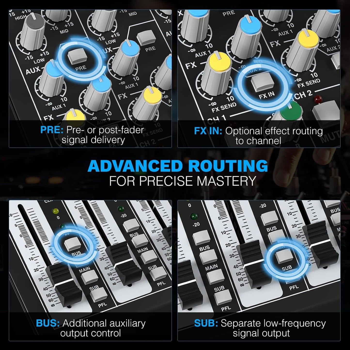 Professional 6-Channel Audio Mixer, Phenyx Pro DJ Sound Mixer Board w/Flexible AUX, BUS, SUB Routing, 16 DSP, BT Streaming & USB-B PC Recording, Mixing Console for Stage, Home Studio (PTL-600)