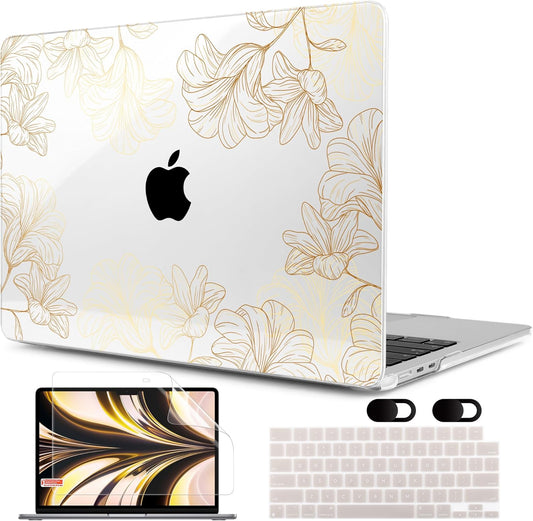 MEEgoodo Case for MacBook Air M4/M3/M2 13.6 inch 2025 2024 2022, Fit Model A3240 A3113 A2681, Compatible with MacBook Air 13 inch, Laptop Hard Shell Case with Keyboard Cover, Drawn Golden Floral