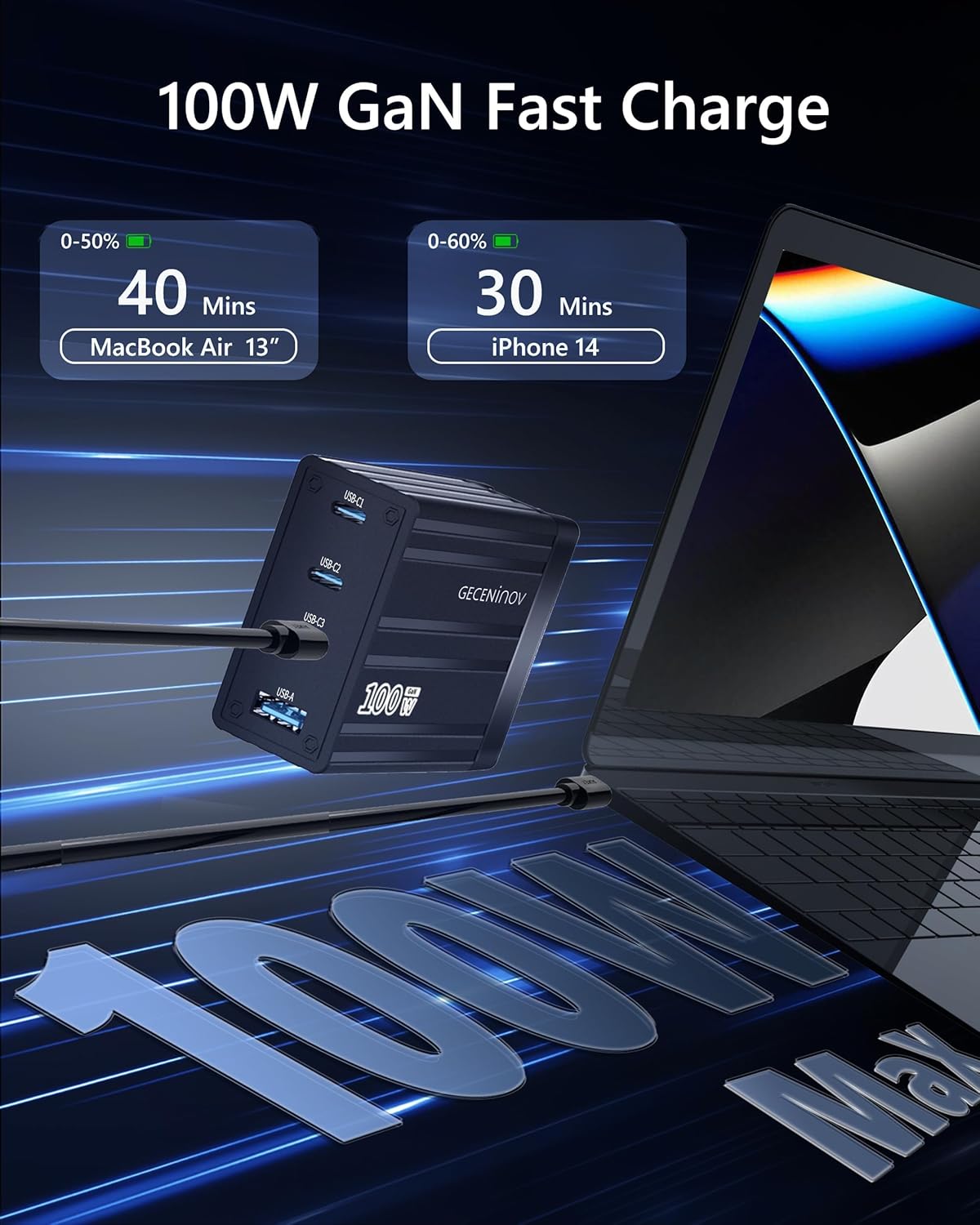 100W USB C Charger Block,4 Ports,Type C GaN Fast Block,Foldable Travel Plug Power Adapter for iPhone iPad Samsung Laptop,Tablets MacBook Pro Charger Replace for 65W 45W
