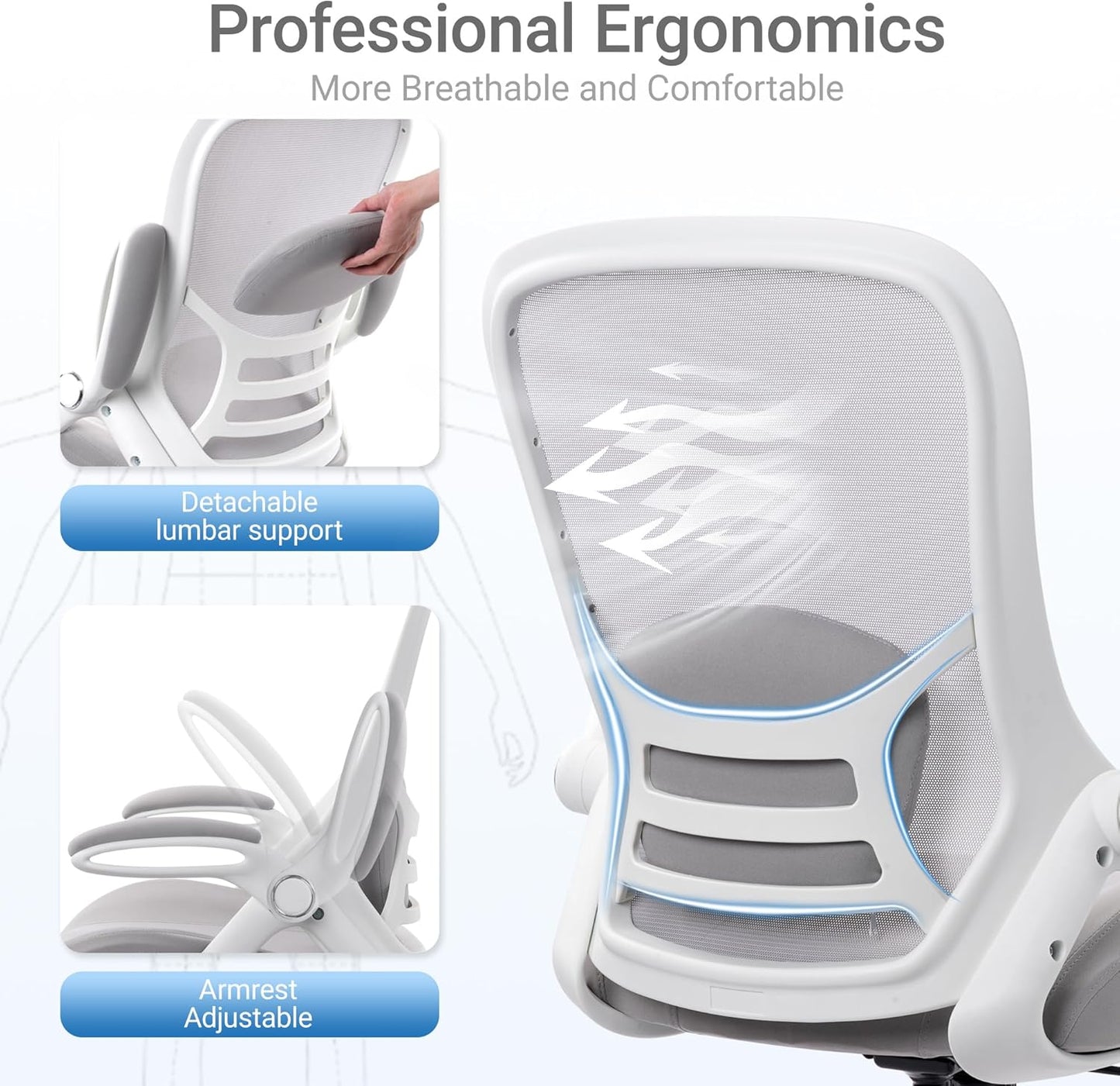 HYLONE 400lbs Heavy Duty Drafting Chair 5" Thickened Seat Office Chair with Flip-Up Armrests Tall Ergonomic Computer Chair with Lumbar Support and Adjustable Footrest Ring Standing Desk Chair (Grey)