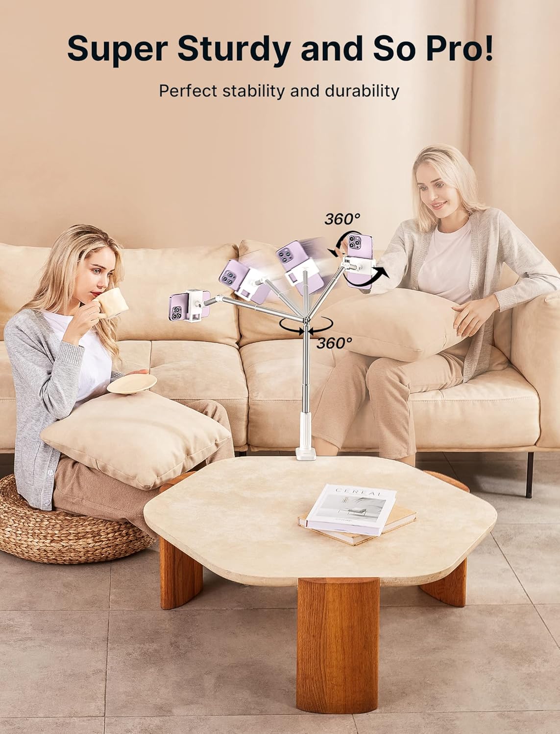 JSAUX Phone Holder for Desk and Bed Compatible with iPhone 16 15 14 13 12 Overhead Phone Mount Gooseneck Phone Stand Flexible 360 Lazy Long Arm Clamp Clip for Table Bedside [1-Pack, White]