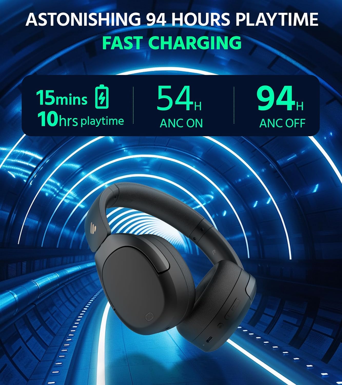 Edifier W830NB Wireless Over Ear Headphones with -45dB Active Noise Cancelling, 94H Playtime, LDAC Hi-Res Sound, Spatial Audio, Fast Charging, Multipoint Connection, Bluetooth V5.4 - Black