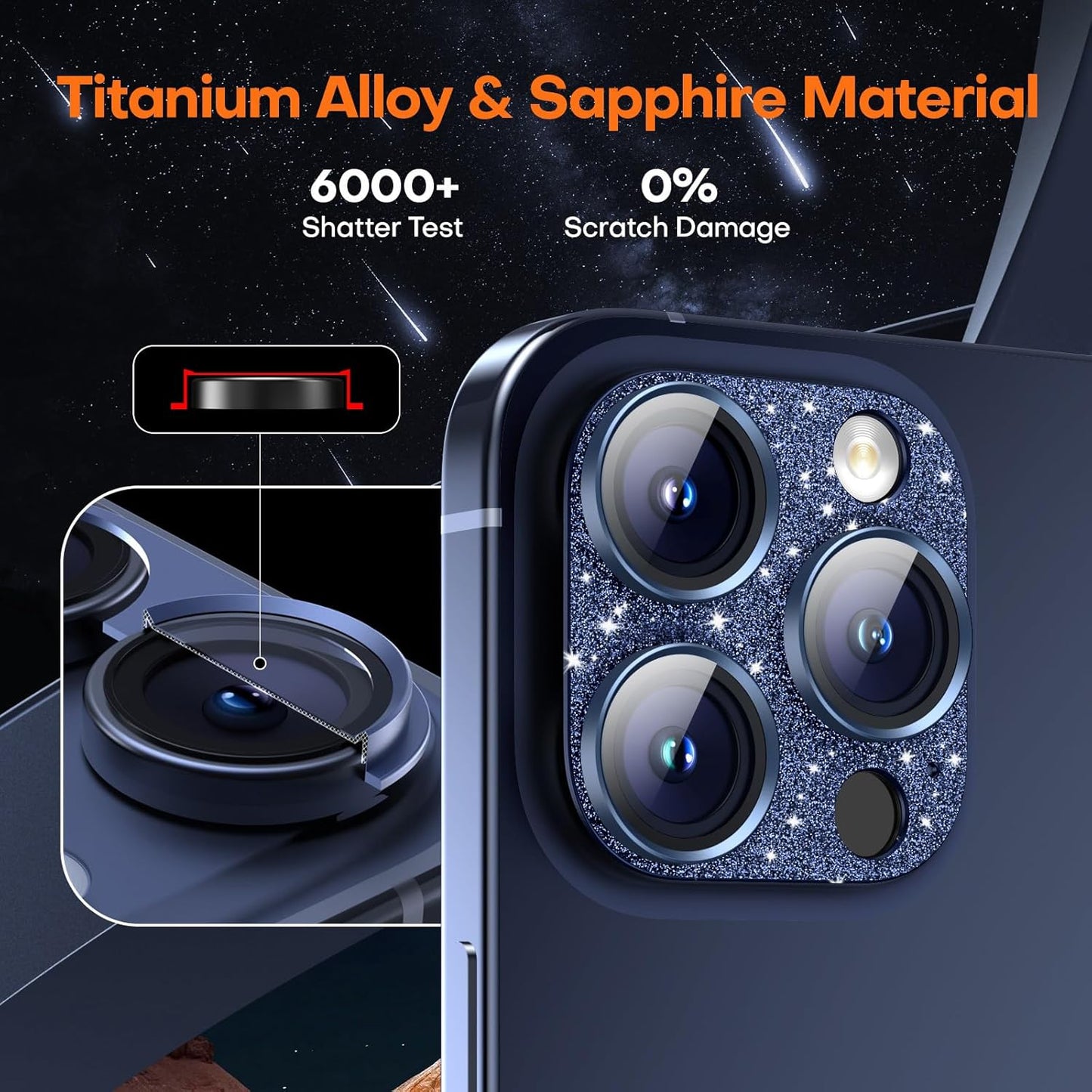 Camera Lens Protector for iPhone 16 Pro Max/16 Pro/15 Pro Max/15 Pro/14 Pro Max/14 Pro, Aluminum Alloy Sapphire Glass Camera Screen Cover, Case Friendly- Glitter Blue