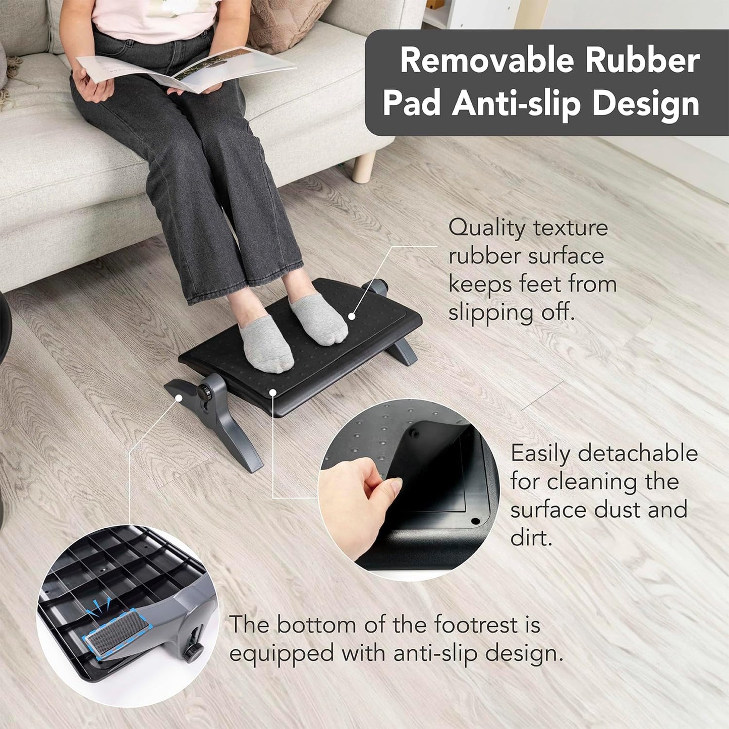 EHO Ottoman, Ergonomic Foot Rest for Under Desk, Adjustable Height and Angle, Rubber Platform, Anti-Slip, Ankle Support, Detachable Washable Cushion, Back and Leg Pain Relief, 21.6"L x 11.4"W, Black