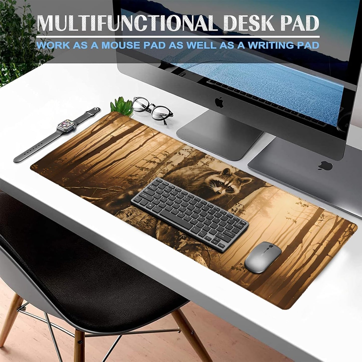 Mysterious Raccoon Gaming Mouse Pad, Large Office Desk Mat, Anti-Slip Rubber Base Mousepad for Computer Laptop Keyboard, Smooth Desk Pad for Home Office Gamer Work Accessories 31.5" x 11.8"