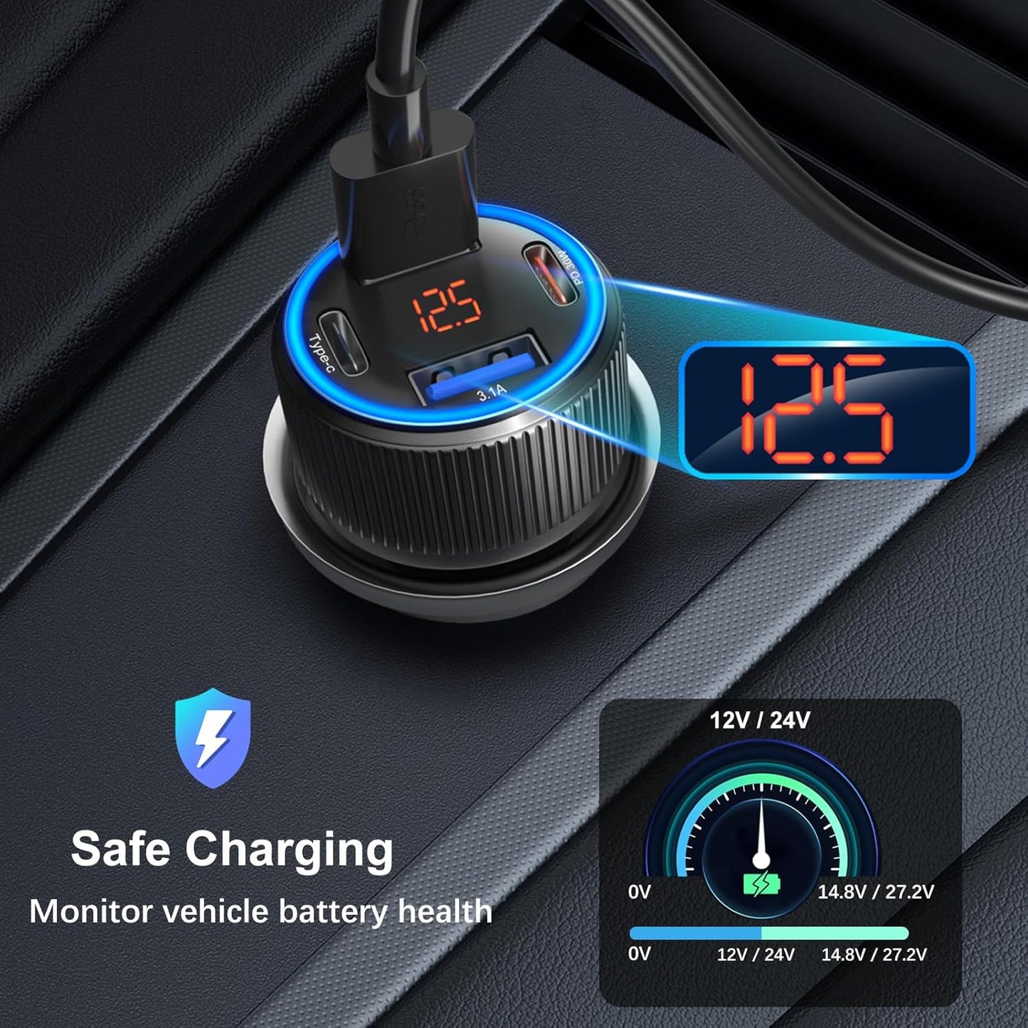 USB C Car Charger, 3 Pack 65W Dual 12V Car Power Adapter with Voltmeter QC+PD 3.0 Multi Port Fast Charging Cigarette Lighter USB Charger for iPhone 16 15 14 13 12 Pad Pro Max, Android(Black Gray)