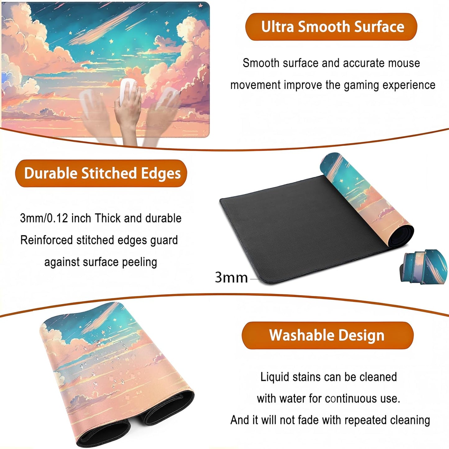 Cool Pink Desk Mat Pastel Clouds Large XXL Gaming Mouse Pad Non-Slip Rubber Base Mousepad, Office Desktop Decor Desk Pad, Computer Laptop Keyboard and Mouse Mat with Stitched Edges, 31.5x15.75 in