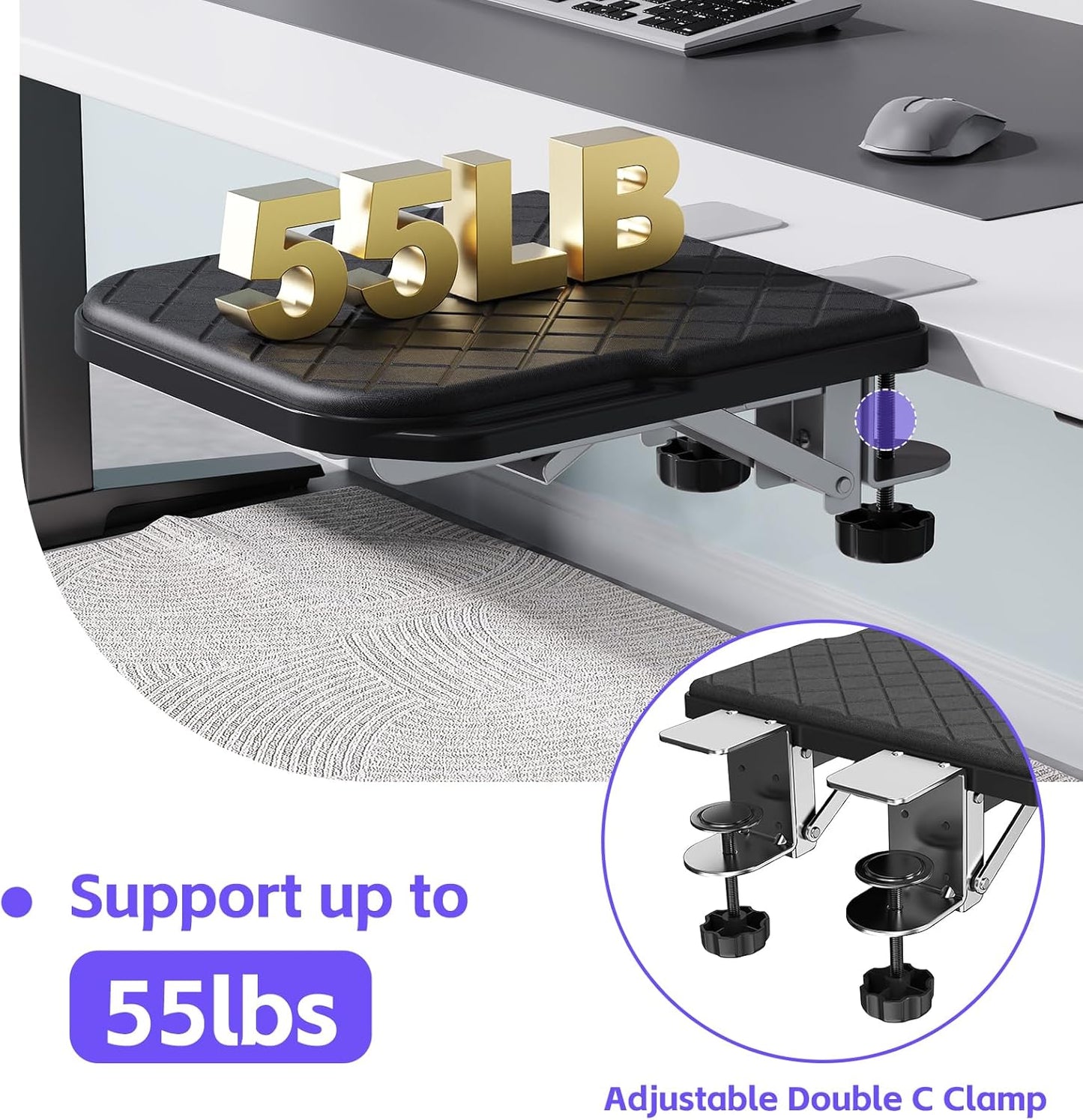 Arm Rest for Desk, 90°Foldable Computer Wrist Rest Shelf with Sponge Padding, Clamp on Arm Support, Ergonomic Sturdy Desk Extender for Office & Home, Durable & Easy to Install (Black)